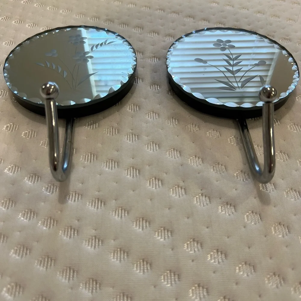 Vintage Floral Etched Round Mirror Hooks set of Two - Picture 3 of 4